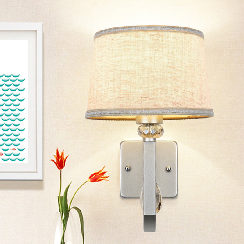 Round Shade Wall Mount Lighting Modernism 1 Head Flaxen Sconce Lamp with Nickle Swoop Arm and Crystal Accent Flaxen Clearhalo 'Cast Iron' 'Glass' 'Industrial' 'Modern wall lights' 'Modern' 'Tiffany' 'Traditional wall lights' 'Wall Lamps & Sconces' 'Wall Lights' Lighting' 1789594