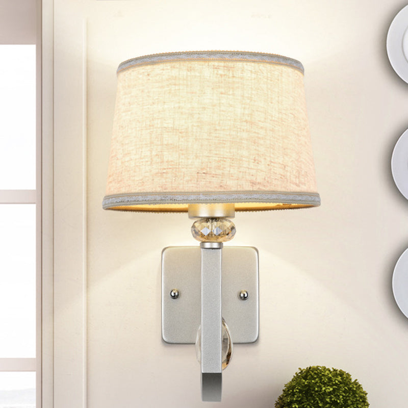Round Shade Wall Mount Lighting Modernism 1 Head Flaxen Sconce Lamp with Nickle Swoop Arm and Crystal Accent Clearhalo 'Cast Iron' 'Glass' 'Industrial' 'Modern wall lights' 'Modern' 'Tiffany' 'Traditional wall lights' 'Wall Lamps & Sconces' 'Wall Lights' Lighting' 1789595