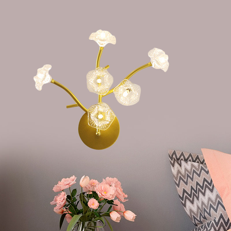 Floral Bedside Sconce Light Fixture Transparent Glass 6 Bulbs Modern Wall Mount Lamp in Gold Clearhalo 'Cast Iron' 'Glass' 'Industrial' 'Modern wall lights' 'Modern' 'Tiffany' 'Traditional wall lights' 'Wall Lamps & Sconces' 'Wall Lights' Lighting' 1789630