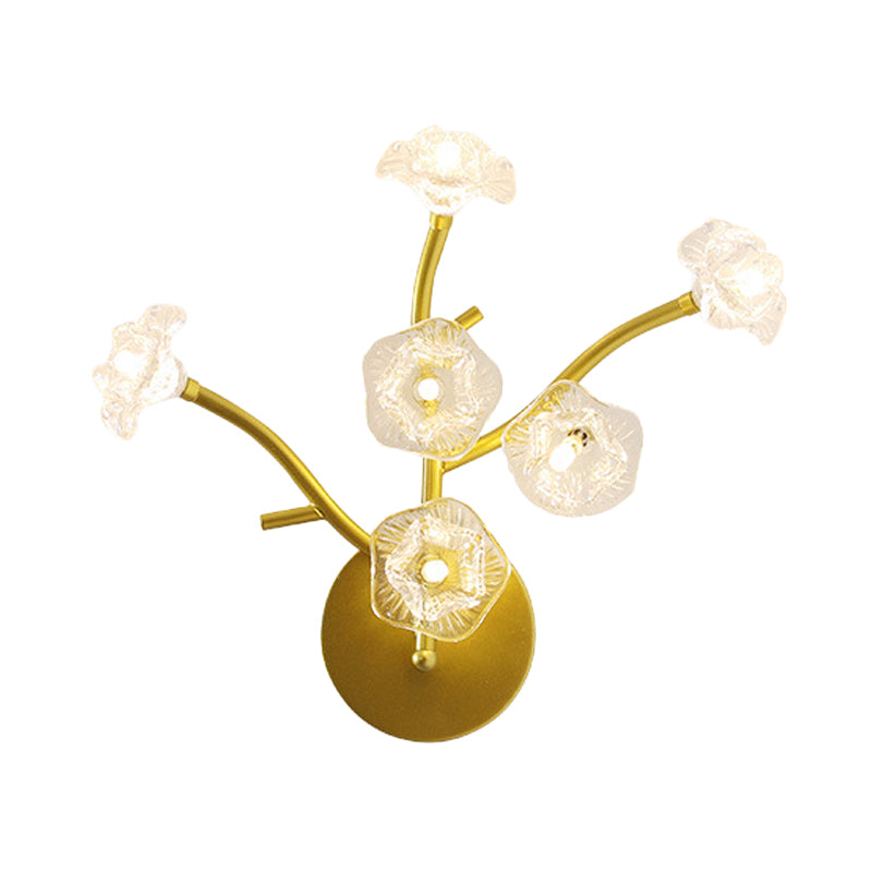 Floral Bedside Sconce Light Fixture Transparent Glass 6 Bulbs Modern Wall Mount Lamp in Gold Clearhalo 'Cast Iron' 'Glass' 'Industrial' 'Modern wall lights' 'Modern' 'Tiffany' 'Traditional wall lights' 'Wall Lamps & Sconces' 'Wall Lights' Lighting' 1789633