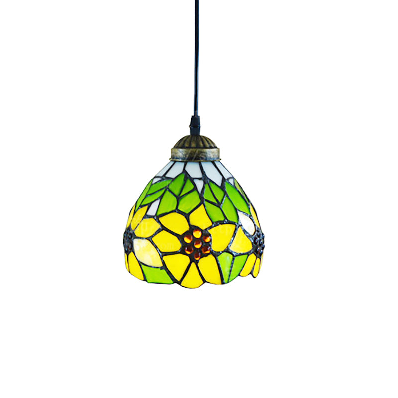 Tiffany Dome Pendant Lamp 1 Head Green Handcrafted Stained Glass Suspended Light Fixture with Sunflower Pattern Clearhalo 'Ceiling Lights' 'Chandeliers' 'Industrial' 'Middle Century Pendants' 'Pendant Lights' 'Pendants' 'Tiffany close to ceiling' 'Tiffany Pendants' 'Tiffany' Lighting' 178969