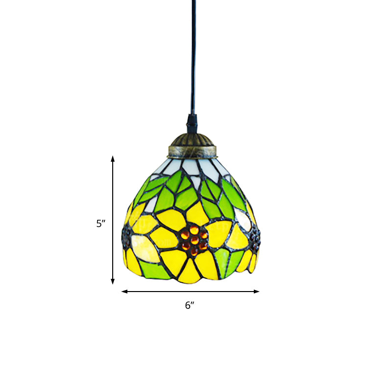 Tiffany Dome Pendant Lamp 1 Head Green Handcrafted Stained Glass Suspended Light Fixture with Sunflower Pattern Clearhalo 'Ceiling Lights' 'Chandeliers' 'Industrial' 'Middle Century Pendants' 'Pendant Lights' 'Pendants' 'Tiffany close to ceiling' 'Tiffany Pendants' 'Tiffany' Lighting' 178970