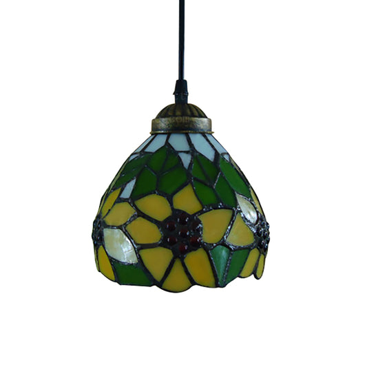 Tiffany Dome Pendant Lamp 1 Head Green Handcrafted Stained Glass Suspended Light Fixture with Sunflower Pattern Clearhalo 'Ceiling Lights' 'Chandeliers' 'Industrial' 'Middle Century Pendants' 'Pendant Lights' 'Pendants' 'Tiffany close to ceiling' 'Tiffany Pendants' 'Tiffany' Lighting' 178971