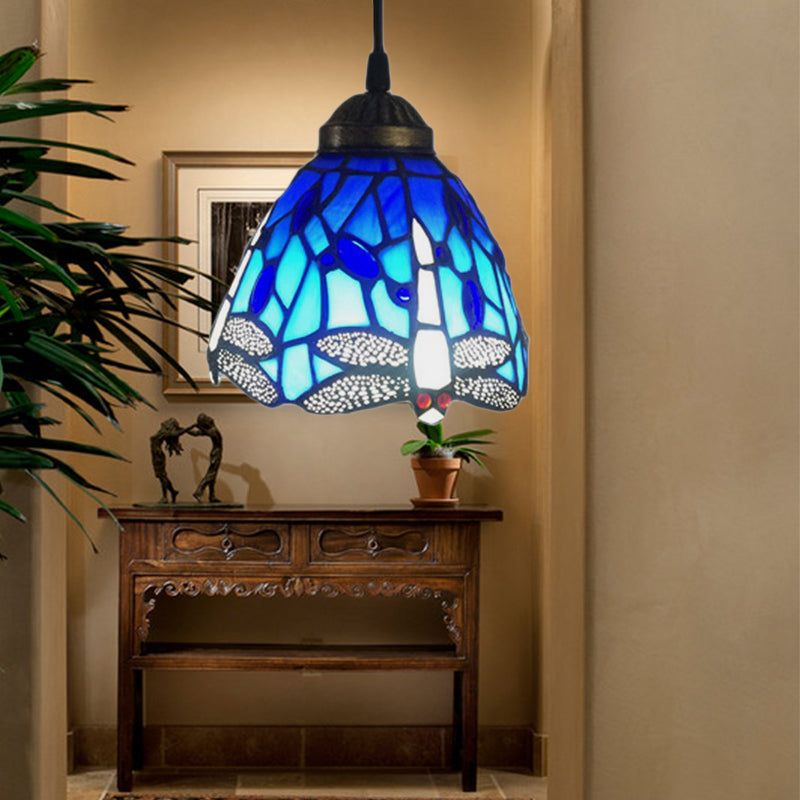 Traditional Classic Dragonfly Hanging Light Stained Glass 1 Head Blue Small Pendant Light for Bar Blue Clearhalo 'Ceiling Lights' 'Industrial' 'Middle Century Pendants' 'Pendant Lights' 'Pendants' 'Tiffany close to ceiling' 'Tiffany Pendants' 'Tiffany' Lighting' 178981