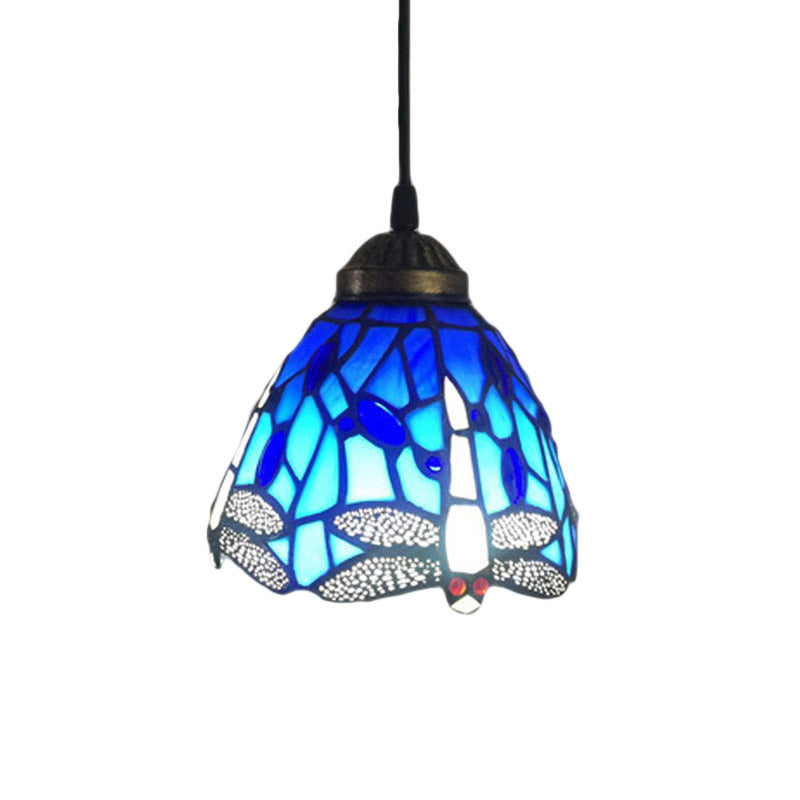Traditional Classic Dragonfly Hanging Light Stained Glass 1 Head Blue Small Pendant Light for Bar Clearhalo 'Ceiling Lights' 'Industrial' 'Middle Century Pendants' 'Pendant Lights' 'Pendants' 'Tiffany close to ceiling' 'Tiffany Pendants' 'Tiffany' Lighting' 178983