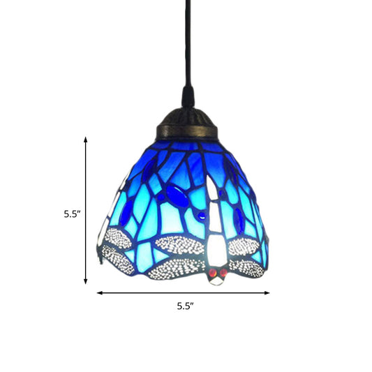 Traditional Classic Dragonfly Hanging Light Stained Glass 1 Head Blue Small Pendant Light for Bar Clearhalo 'Ceiling Lights' 'Industrial' 'Middle Century Pendants' 'Pendant Lights' 'Pendants' 'Tiffany close to ceiling' 'Tiffany Pendants' 'Tiffany' Lighting' 178984