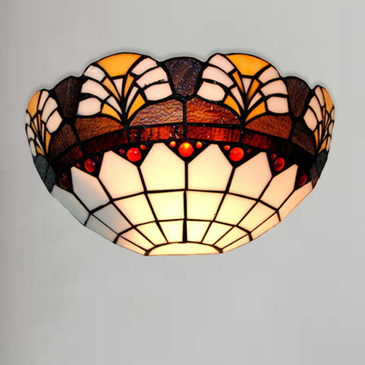Bathroom Half-Dome Wall Sconce Stained Glass 1 Light Tiffany Rustic Wall Light in Brown for Hotel Clearhalo 'Industrial' 'Middle century wall lights' 'Tiffany wall lights' 'Tiffany' 'Wall Lamps & Sconces' 'Wall Lights' Lighting' 178986