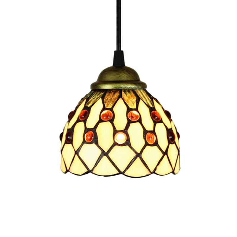 Domed Hanging Light Fixture Tiffany Cut Glass 1 Light Beige/Light Blue/Dark Blue Suspension Pendant for Bedroom Clearhalo 'Ceiling Lights' 'Chandeliers' 'Industrial' 'Middle Century Pendants' 'Pendant Lights' 'Pendants' 'Tiffany close to ceiling' 'Tiffany Pendants' 'Tiffany' Lighting' 178992