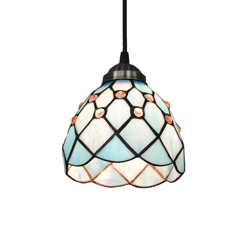 Domed Hanging Light Fixture Tiffany Cut Glass 1 Light Beige/Light Blue/Dark Blue Suspension Pendant for Bedroom Clearhalo 'Ceiling Lights' 'Chandeliers' 'Industrial' 'Middle Century Pendants' 'Pendant Lights' 'Pendants' 'Tiffany close to ceiling' 'Tiffany Pendants' 'Tiffany' Lighting' 178995
