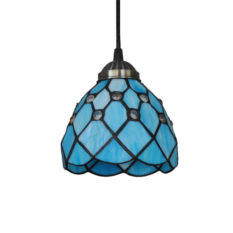 Domed Hanging Light Fixture Tiffany Cut Glass 1 Light Beige/Light Blue/Dark Blue Suspension Pendant for Bedroom Clearhalo 'Ceiling Lights' 'Chandeliers' 'Industrial' 'Middle Century Pendants' 'Pendant Lights' 'Pendants' 'Tiffany close to ceiling' 'Tiffany Pendants' 'Tiffany' Lighting' 178996