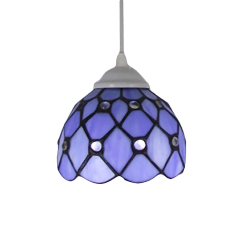 Domed Hanging Light Fixture Tiffany Cut Glass 1 Light Beige/Light Blue/Dark Blue Suspension Pendant for Bedroom Clearhalo 'Ceiling Lights' 'Chandeliers' 'Industrial' 'Middle Century Pendants' 'Pendant Lights' 'Pendants' 'Tiffany close to ceiling' 'Tiffany Pendants' 'Tiffany' Lighting' 178998