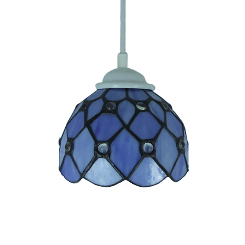 Domed Hanging Light Fixture Tiffany Cut Glass 1 Light Beige/Light Blue/Dark Blue Suspension Pendant for Bedroom Clearhalo 'Ceiling Lights' 'Chandeliers' 'Industrial' 'Middle Century Pendants' 'Pendant Lights' 'Pendants' 'Tiffany close to ceiling' 'Tiffany Pendants' 'Tiffany' Lighting' 178999