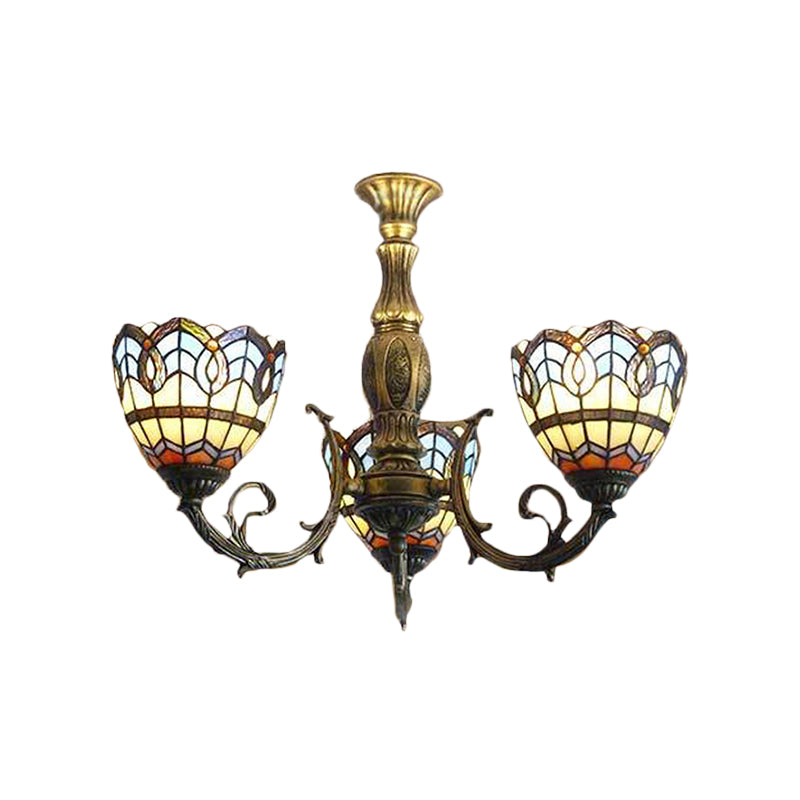 Stained Glass Dome Chandelier 3-Light Baroque Tiffany Hanging Light in Brass for Dining Room Clearhalo 'Ceiling Lights' 'Close To Ceiling Lights' 'Close to ceiling' 'Glass shade' 'Glass' 'Pendant Lights' 'Semi-flushmount' 'Tiffany close to ceiling' 'Tiffany' Lighting' 179007