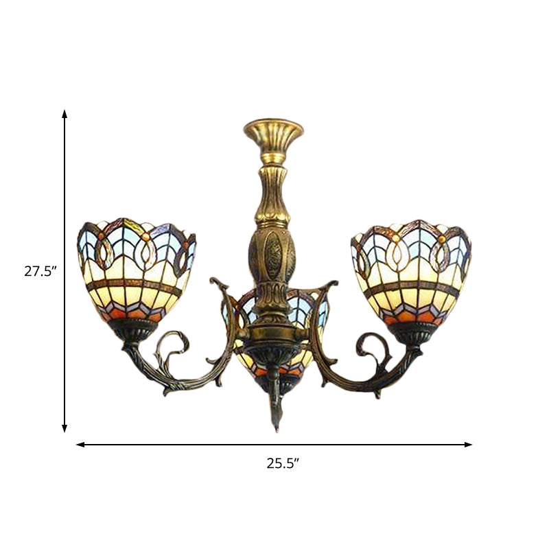 Stained Glass Dome Chandelier 3-Light Baroque Tiffany Hanging Light in Brass for Dining Room Clearhalo 'Ceiling Lights' 'Close To Ceiling Lights' 'Close to ceiling' 'Glass shade' 'Glass' 'Pendant Lights' 'Semi-flushmount' 'Tiffany close to ceiling' 'Tiffany' Lighting' 179008