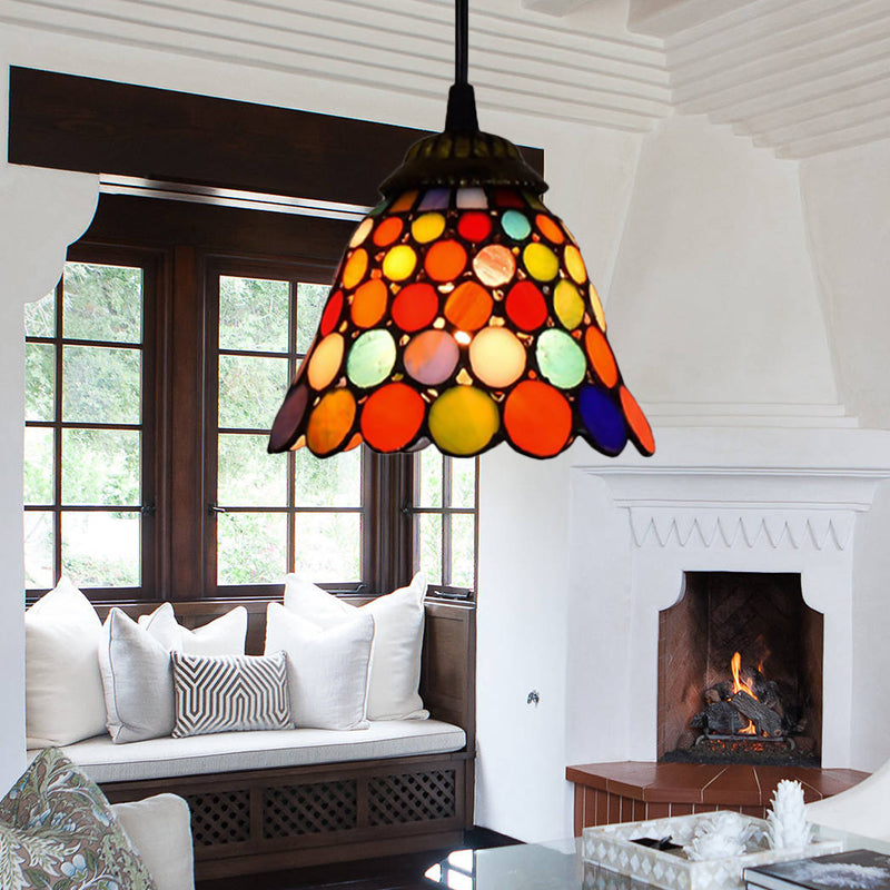 Tiffany-Style Bell Pendant Light Fixture Single Head Stained Art Glass Down Lighting in Black Clearhalo 'Ceiling Lights' 'Close To Ceiling Lights' 'Industrial' 'Middle Century Pendants' 'Pendant Lights' 'Pendants' 'Tiffany close to ceiling' 'Tiffany Pendants' 'Tiffany' Lighting' 179010