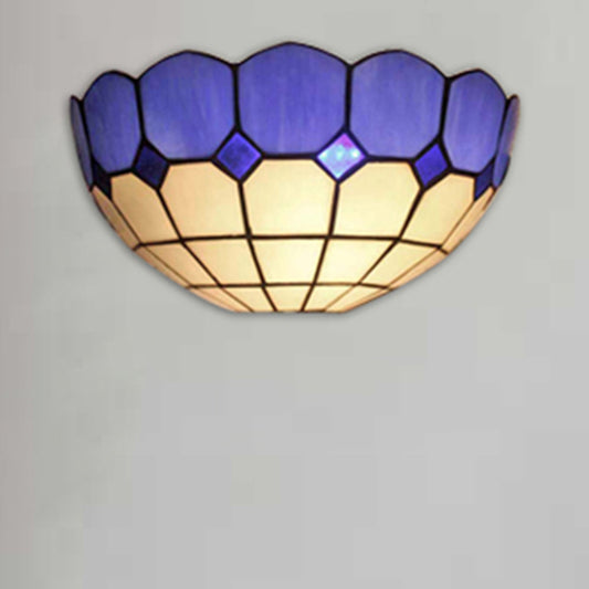 Tiffany Style Bowl Wall Sconce 2 Lights Art Glass Light Blue/Dark Blue Wall Light for Bedroom Lighting Clearhalo 'Industrial' 'Middle century wall lights' 'Tiffany wall lights' 'Tiffany' 'Wall Lamps & Sconces' 'Wall Lights' Lighting' 179015