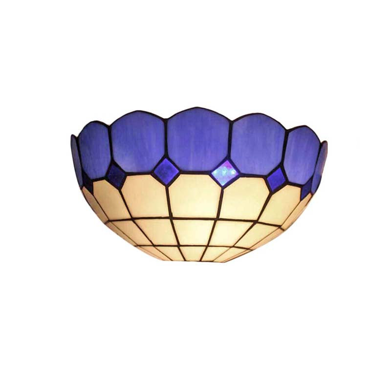Tiffany Style Bowl Wall Sconce 2 Lights Art Glass Light Blue/Dark Blue Wall Light for Bedroom Lighting Clearhalo 'Industrial' 'Middle century wall lights' 'Tiffany wall lights' 'Tiffany' 'Wall Lamps & Sconces' 'Wall Lights' Lighting' 179016