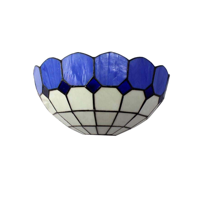Tiffany Style Bowl Wall Sconce 2 Lights Art Glass Light Blue/Dark Blue Wall Light for Bedroom Lighting Clearhalo 'Industrial' 'Middle century wall lights' 'Tiffany wall lights' 'Tiffany' 'Wall Lamps & Sconces' 'Wall Lights' Lighting' 179018