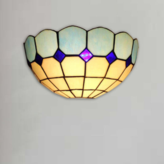 Tiffany Style Bowl Wall Sconce 2 Lights Art Glass Light Blue/Dark Blue Wall Light for Bedroom Lighting Light Blue Clearhalo 'Industrial' 'Middle century wall lights' 'Tiffany wall lights' 'Tiffany' 'Wall Lamps & Sconces' 'Wall Lights' Lighting' 179019