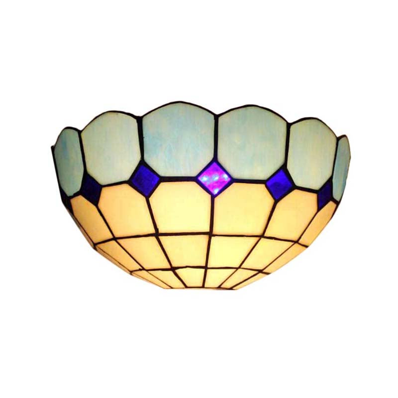 Tiffany Style Bowl Wall Sconce 2 Lights Art Glass Light Blue/Dark Blue Wall Light for Bedroom Lighting Clearhalo 'Industrial' 'Middle century wall lights' 'Tiffany wall lights' 'Tiffany' 'Wall Lamps & Sconces' 'Wall Lights' Lighting' 179020