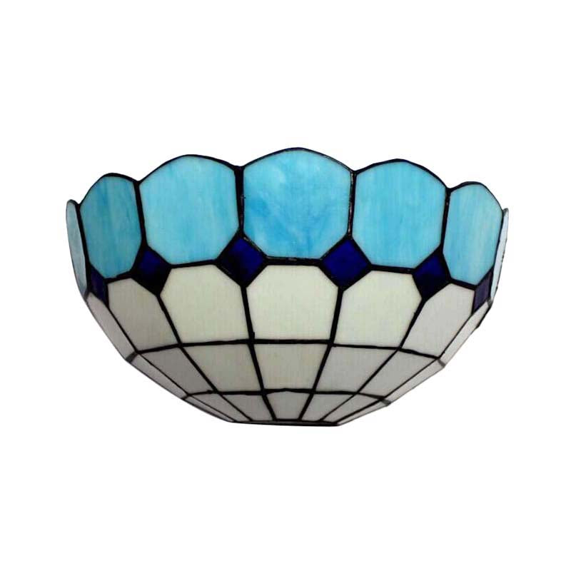 Tiffany Style Bowl Wall Sconce 2 Lights Art Glass Light Blue/Dark Blue Wall Light for Bedroom Lighting Clearhalo 'Industrial' 'Middle century wall lights' 'Tiffany wall lights' 'Tiffany' 'Wall Lamps & Sconces' 'Wall Lights' Lighting' 179022