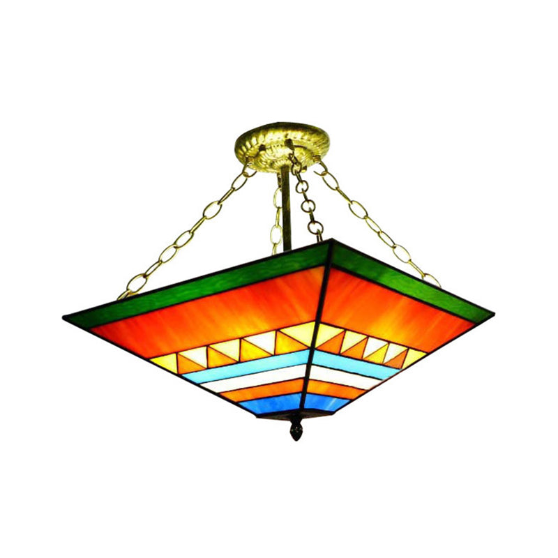 Tiffany Stylish Inverted Semi Flush Mount Light with Trapezoid Stained Shade Glass Ceiling Lamp in Orange/Yellow Clearhalo 'Ceiling Lights' 'Close To Ceiling Lights' 'Close to ceiling' 'Glass shade' 'Glass' 'Pendant Lights' 'Semi-flushmount' 'Tiffany close to ceiling' 'Tiffany' Lighting' 179025