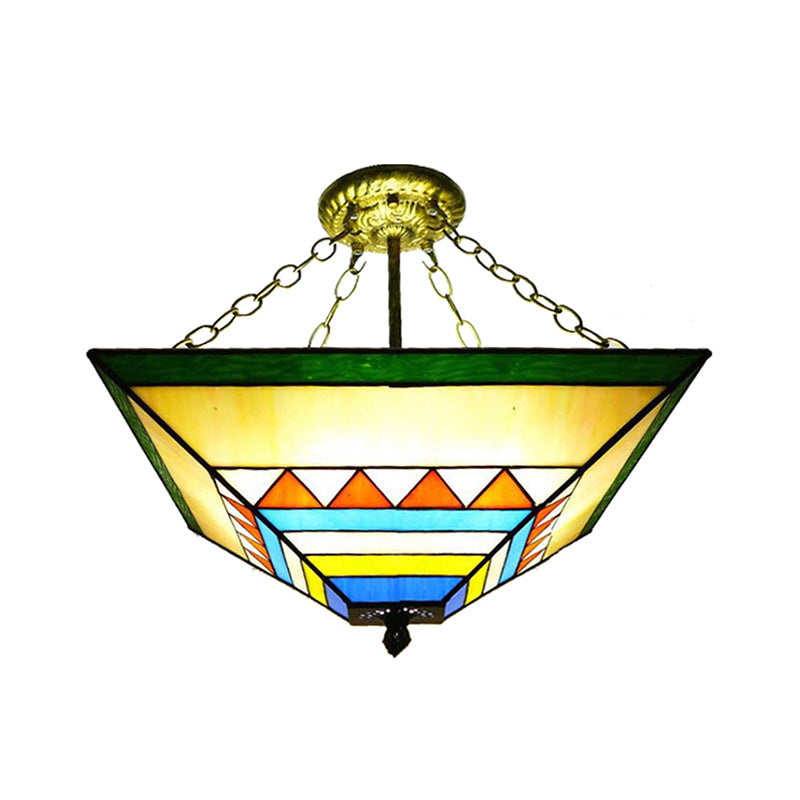 Tiffany Stylish Inverted Semi Flush Mount Light with Trapezoid Stained Shade Glass Ceiling Lamp in Orange/Yellow Clearhalo 'Ceiling Lights' 'Close To Ceiling Lights' 'Close to ceiling' 'Glass shade' 'Glass' 'Pendant Lights' 'Semi-flushmount' 'Tiffany close to ceiling' 'Tiffany' Lighting' 179028