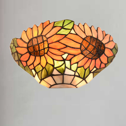 Rustic Style Orange Wall Sconce Sunflower Stained Glass 1 Light Wall Light for Restaurant Clearhalo 'Industrial' 'Middle century wall lights' 'Tiffany wall lights' 'Tiffany' 'Wall Lamps & Sconces' 'Wall Lights' Lighting' 179030