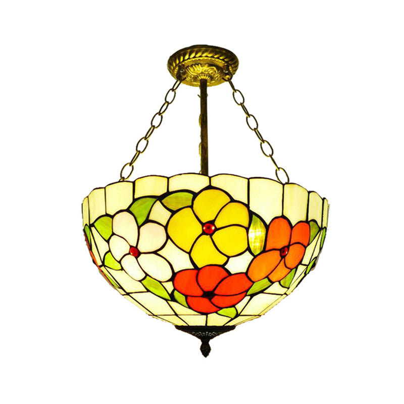 Bowl Inverted Semi Ceiling Mount Light with Flower Tiffany Rustic Stained Glass Ceiling Lamp for Villa Clearhalo 'Ceiling Lights' 'Close To Ceiling Lights' 'Close to ceiling' 'Glass shade' 'Glass' 'Pendant Lights' 'Semi-flushmount' 'Tiffany close to ceiling' 'Tiffany' Lighting' 179036