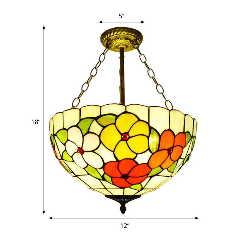 Bowl Inverted Semi Ceiling Mount Light with Flower Tiffany Rustic Stained Glass Ceiling Lamp for Villa Clearhalo 'Ceiling Lights' 'Close To Ceiling Lights' 'Close to ceiling' 'Glass shade' 'Glass' 'Pendant Lights' 'Semi-flushmount' 'Tiffany close to ceiling' 'Tiffany' Lighting' 179037