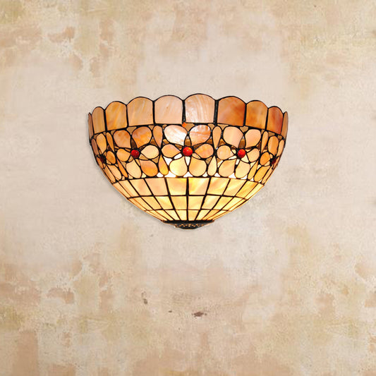 Flower Pattern Wall Light Tiffany Vintage Shell Wall Sconce in Beige/Pink-White for Corridor Office Pink-White Clearhalo 'Industrial' 'Middle century wall lights' 'Tiffany wall lights' 'Tiffany' 'Wall Lamps & Sconces' 'Wall Lights' Lighting' 179038