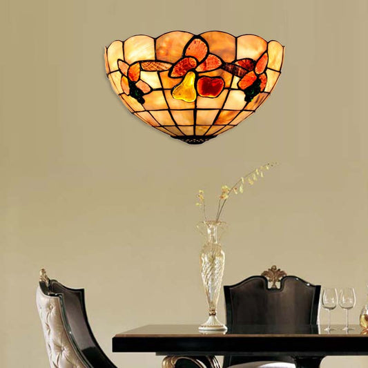 Petal Dining Room Wall Light with Fruits Shell Tiffany Antique Wall Sconce in Beige for Hotel Beige Clearhalo 'Industrial' 'Middle century wall lights' 'Tiffany wall lights' 'Tiffany' 'Wall Lamps & Sconces' 'Wall Lights' Lighting' 179047
