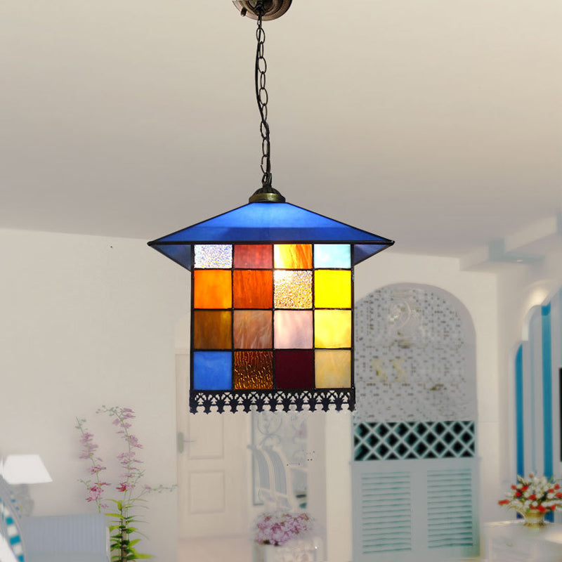 1 Head Hallway Pendant Light Tiffany Style Blue Hanging Ceiling Light with House Stainless Glass Shade Clearhalo 'Ceiling Lights' 'Close To Ceiling Lights' 'Industrial' 'Middle Century Pendants' 'Pendant Lights' 'Pendants' 'Tiffany close to ceiling' 'Tiffany Pendants' 'Tiffany' Lighting' 179053