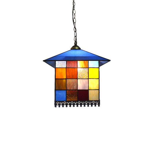 1 Head Hallway Pendant Light Tiffany Style Blue Hanging Ceiling Light with House Stainless Glass Shade Clearhalo 'Ceiling Lights' 'Close To Ceiling Lights' 'Industrial' 'Middle Century Pendants' 'Pendant Lights' 'Pendants' 'Tiffany close to ceiling' 'Tiffany Pendants' 'Tiffany' Lighting' 179054