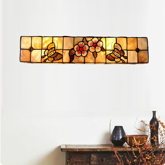Tiffany Style Linear Wall Light with Square/Flower Pattern 2 Lights Shell Sconce Light in Beige for Living Room Beige Flower Clearhalo 'Industrial' 'Middle century wall lights' 'Tiffany wall lights' 'Tiffany' 'Wall Lamps & Sconces' 'Wall Lights' Lighting' 179061