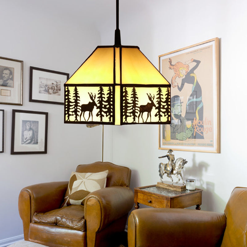 1 Bulb House Hanging Light with Deer Pattern Rustic Glass Ceiling Light in Beige for Kitchen Beige Clearhalo 'Ceiling Lights' 'Close To Ceiling Lights' 'Industrial' 'Middle Century Pendants' 'Pendant Lights' 'Pendants' 'Tiffany close to ceiling' 'Tiffany Pendants' 'Tiffany' Lighting' 179070
