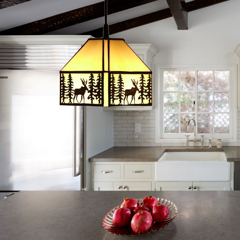 1 Bulb House Hanging Light with Deer Pattern Rustic Glass Ceiling Light in Beige for Kitchen Clearhalo 'Ceiling Lights' 'Close To Ceiling Lights' 'Industrial' 'Middle Century Pendants' 'Pendant Lights' 'Pendants' 'Tiffany close to ceiling' 'Tiffany Pendants' 'Tiffany' Lighting' 179071
