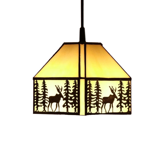 1 Bulb House Hanging Light with Deer Pattern Rustic Glass Ceiling Light in Beige for Kitchen Clearhalo 'Ceiling Lights' 'Close To Ceiling Lights' 'Industrial' 'Middle Century Pendants' 'Pendant Lights' 'Pendants' 'Tiffany close to ceiling' 'Tiffany Pendants' 'Tiffany' Lighting' 179072