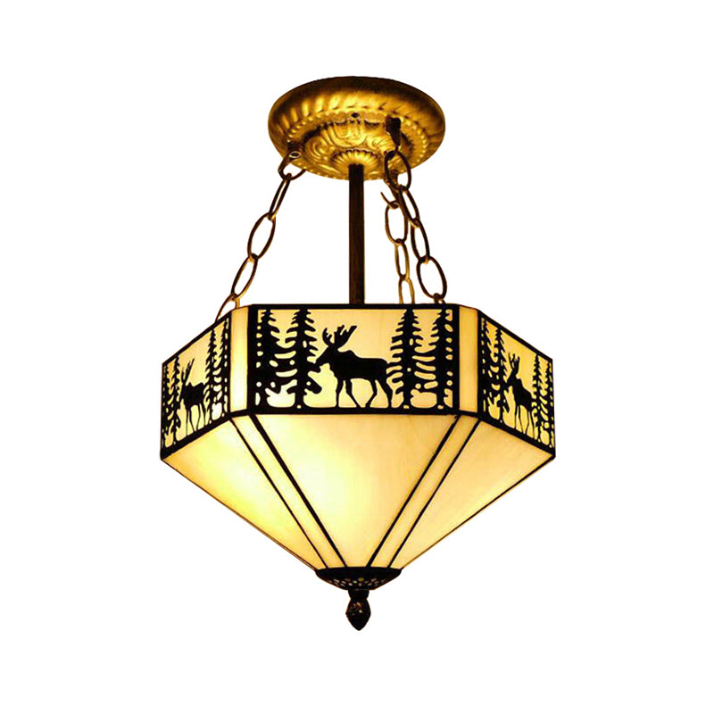 Forest Deer Restaurant Ceiling Lamp Glass American Rustic Inverted 11"/18"22" Wide Semi Flush Mount Light in Beige Clearhalo 'Ceiling Lights' 'Close To Ceiling Lights' 'Close to ceiling' 'Glass shade' 'Glass' 'Semi-flushmount' 'Tiffany close to ceiling' 'Tiffany' Lighting' 179082