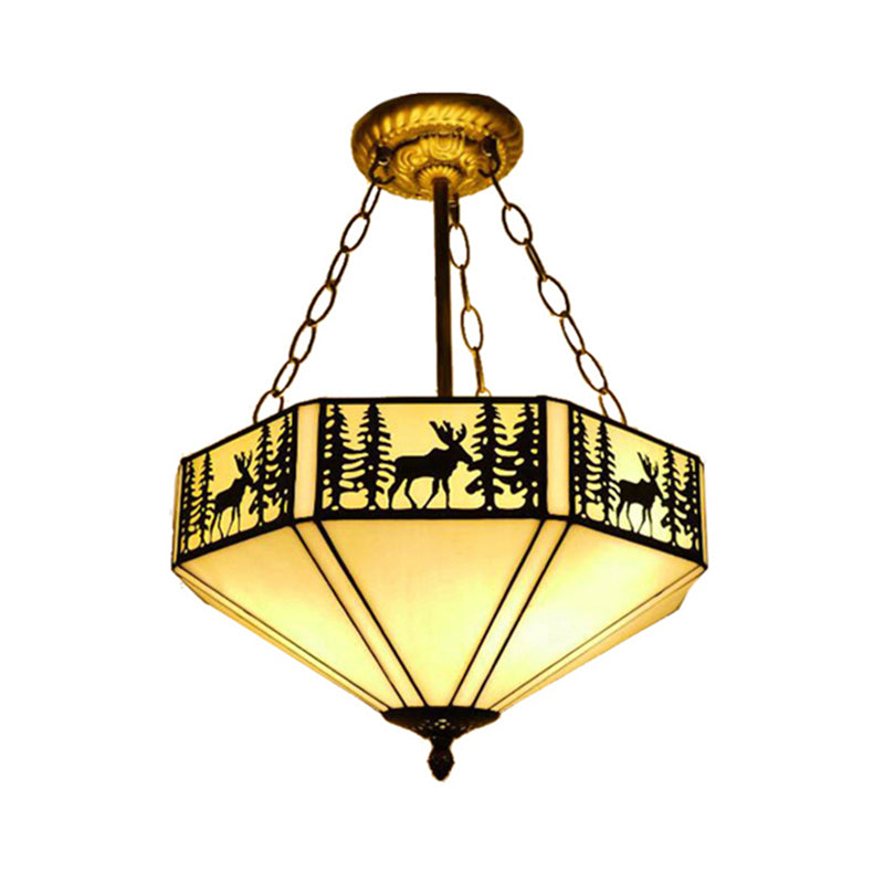 Forest Deer Restaurant Ceiling Lamp Glass American Rustic Inverted 11"/18"22" Wide Semi Flush Mount Light in Beige Clearhalo 'Ceiling Lights' 'Close To Ceiling Lights' 'Close to ceiling' 'Glass shade' 'Glass' 'Semi-flushmount' 'Tiffany close to ceiling' 'Tiffany' Lighting' 179085