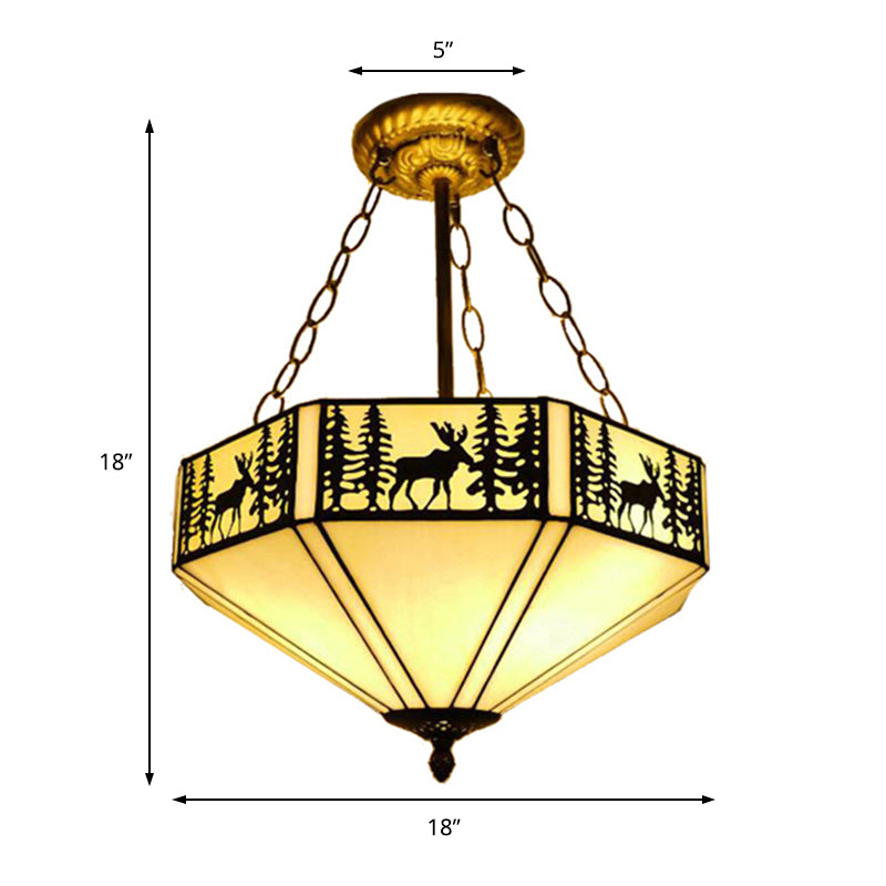 Forest Deer Restaurant Ceiling Lamp Glass American Rustic Inverted 11"/18"22" Wide Semi Flush Mount Light in Beige Clearhalo 'Ceiling Lights' 'Close To Ceiling Lights' 'Close to ceiling' 'Glass shade' 'Glass' 'Semi-flushmount' 'Tiffany close to ceiling' 'Tiffany' Lighting' 179086