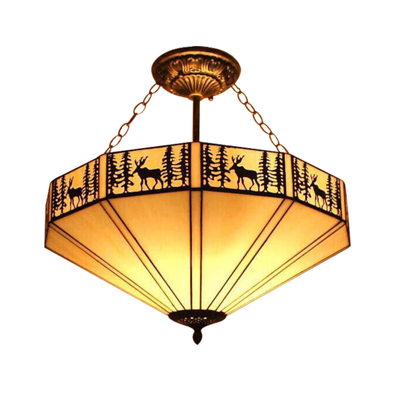 Forest Deer Restaurant Ceiling Lamp Glass American Rustic Inverted 11"/18"22" Wide Semi Flush Mount Light in Beige Clearhalo 'Ceiling Lights' 'Close To Ceiling Lights' 'Close to ceiling' 'Glass shade' 'Glass' 'Semi-flushmount' 'Tiffany close to ceiling' 'Tiffany' Lighting' 179088