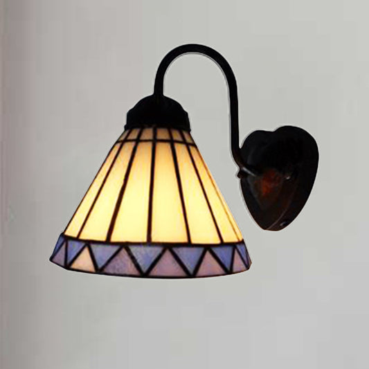 Cone Wall Light Fixture Tiffany Blue-White Glass 1 Head Black Sconce Lighting for Bedroom Clearhalo 'Industrial' 'Middle century wall lights' 'Tiffany wall lights' 'Tiffany' 'Wall Lamps & Sconces' 'Wall Lights' Lighting' 179091