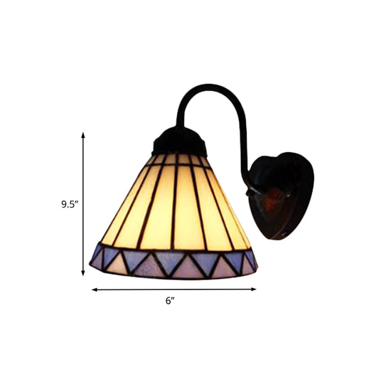 Cone Wall Light Fixture Tiffany Blue-White Glass 1 Head Black Sconce Lighting for Bedroom Clearhalo 'Industrial' 'Middle century wall lights' 'Tiffany wall lights' 'Tiffany' 'Wall Lamps & Sconces' 'Wall Lights' Lighting' 179093