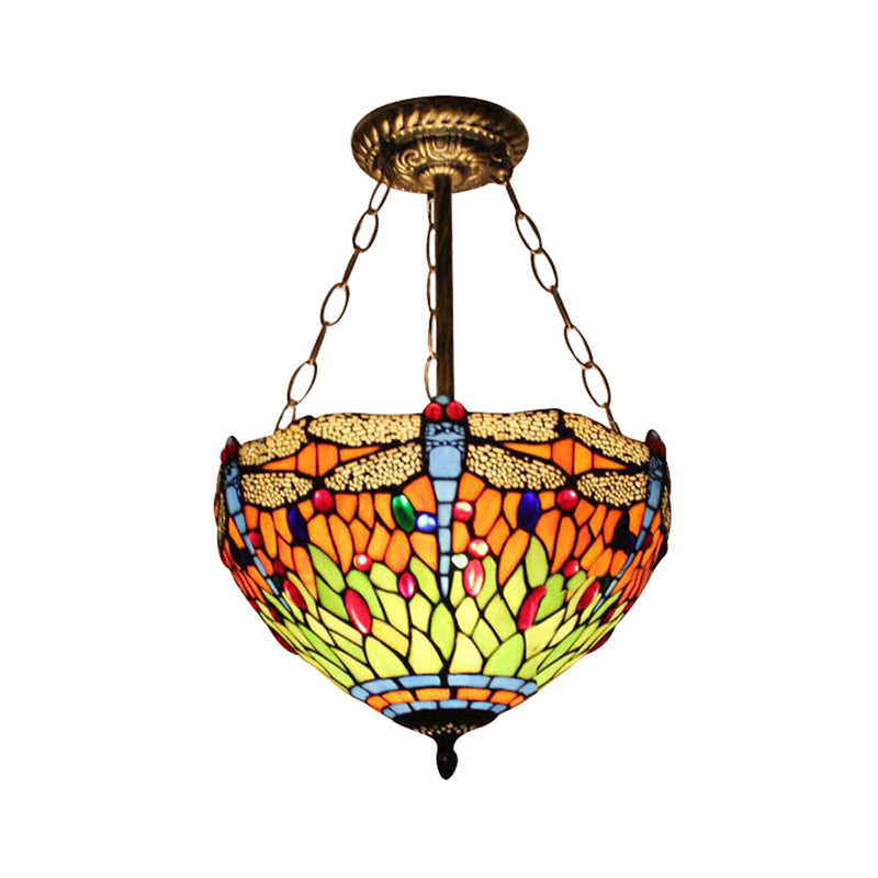 12"/16" Wide Stained Glass Dragonfly Ceiling Light Villa Rustic Tiffany Inverted Semi Flush Ceiling Lamp in Orange Clearhalo 'Ceiling Lights' 'Close To Ceiling Lights' 'Close to ceiling' 'Glass shade' 'Glass' 'Semi-flushmount' 'Tiffany close to ceiling' 'Tiffany' Lighting' 179097