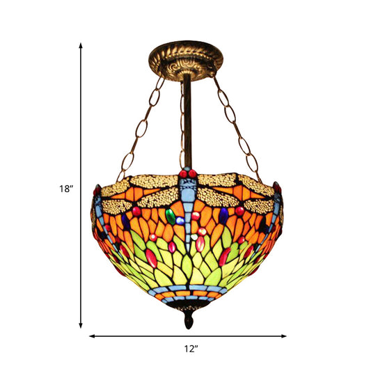 12"/16" Wide Stained Glass Dragonfly Ceiling Light Villa Rustic Tiffany Inverted Semi Flush Ceiling Lamp in Orange Clearhalo 'Ceiling Lights' 'Close To Ceiling Lights' 'Close to ceiling' 'Glass shade' 'Glass' 'Semi-flushmount' 'Tiffany close to ceiling' 'Tiffany' Lighting' 179098