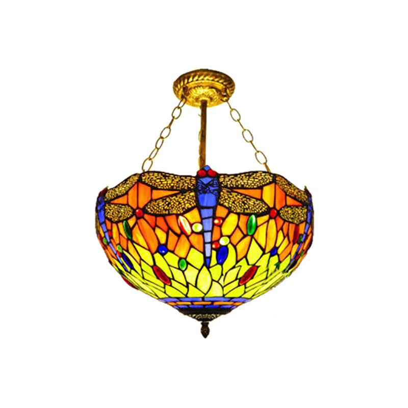 12"/16" Wide Stained Glass Dragonfly Ceiling Light Villa Rustic Tiffany Inverted Semi Flush Ceiling Lamp in Orange Clearhalo 'Ceiling Lights' 'Close To Ceiling Lights' 'Close to ceiling' 'Glass shade' 'Glass' 'Semi-flushmount' 'Tiffany close to ceiling' 'Tiffany' Lighting' 179100