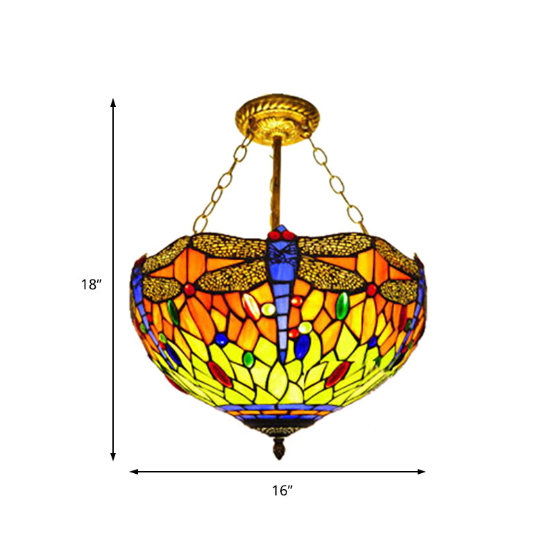 12"/16" Wide Stained Glass Dragonfly Ceiling Light Villa Rustic Tiffany Inverted Semi Flush Ceiling Lamp in Orange Clearhalo 'Ceiling Lights' 'Close To Ceiling Lights' 'Close to ceiling' 'Glass shade' 'Glass' 'Semi-flushmount' 'Tiffany close to ceiling' 'Tiffany' Lighting' 179101