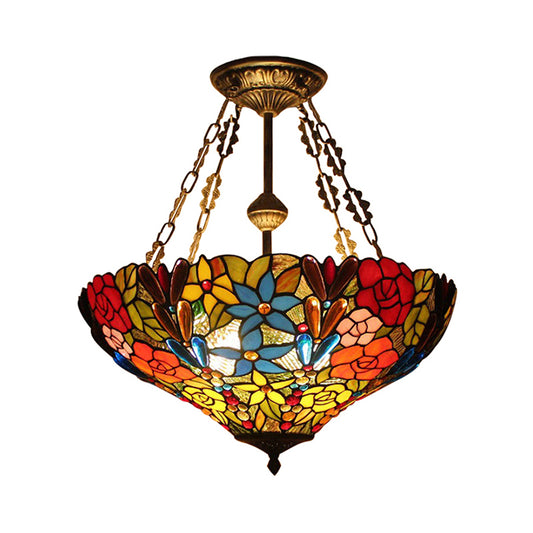 Stained Flower Dragonfly Semi Ceiling Mount Light Tiffany Rustic Ceiling Lamp in Antique Brass for Hotel Clearhalo 'Ceiling Lights' 'Close To Ceiling Lights' 'Close to ceiling' 'Glass shade' 'Glass' 'Semi-flushmount' 'Tiffany close to ceiling' 'Tiffany' Lighting' 179109