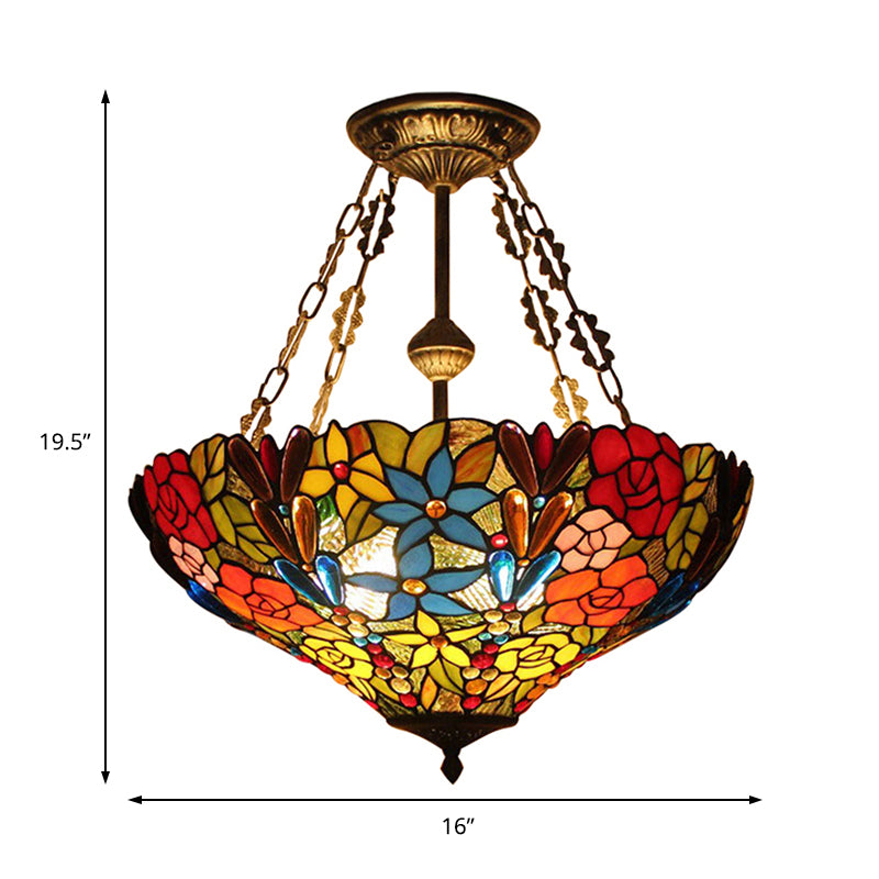 Stained Flower Dragonfly Semi Ceiling Mount Light Tiffany Rustic Ceiling Lamp in Antique Brass for Hotel Clearhalo 'Ceiling Lights' 'Close To Ceiling Lights' 'Close to ceiling' 'Glass shade' 'Glass' 'Semi-flushmount' 'Tiffany close to ceiling' 'Tiffany' Lighting' 179110